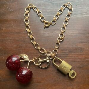 4 Piece LV Lock & Key with Cherry Bag Charm & Gold Adjustable Necklace